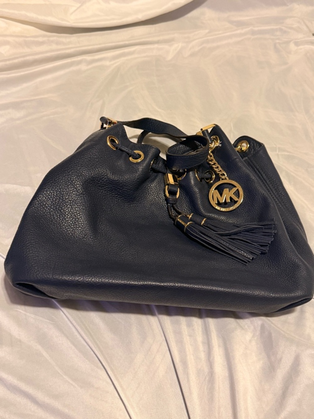 Michael Kors Navy Pebbled Leather Drawstring Shoulder Bag